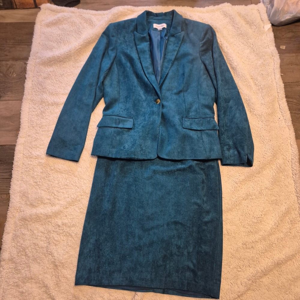 Calvin Klein Teal Faux Suede Skirt Suit Set Blazer 16 Skirt 14 Business Career